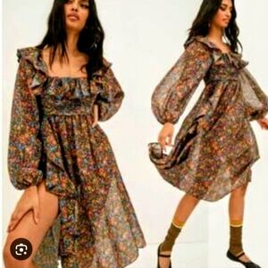 FOR LOVE & LEMONS  Brittany Floral Long Sleeve Midi Dress Off Shoulder Ruffle